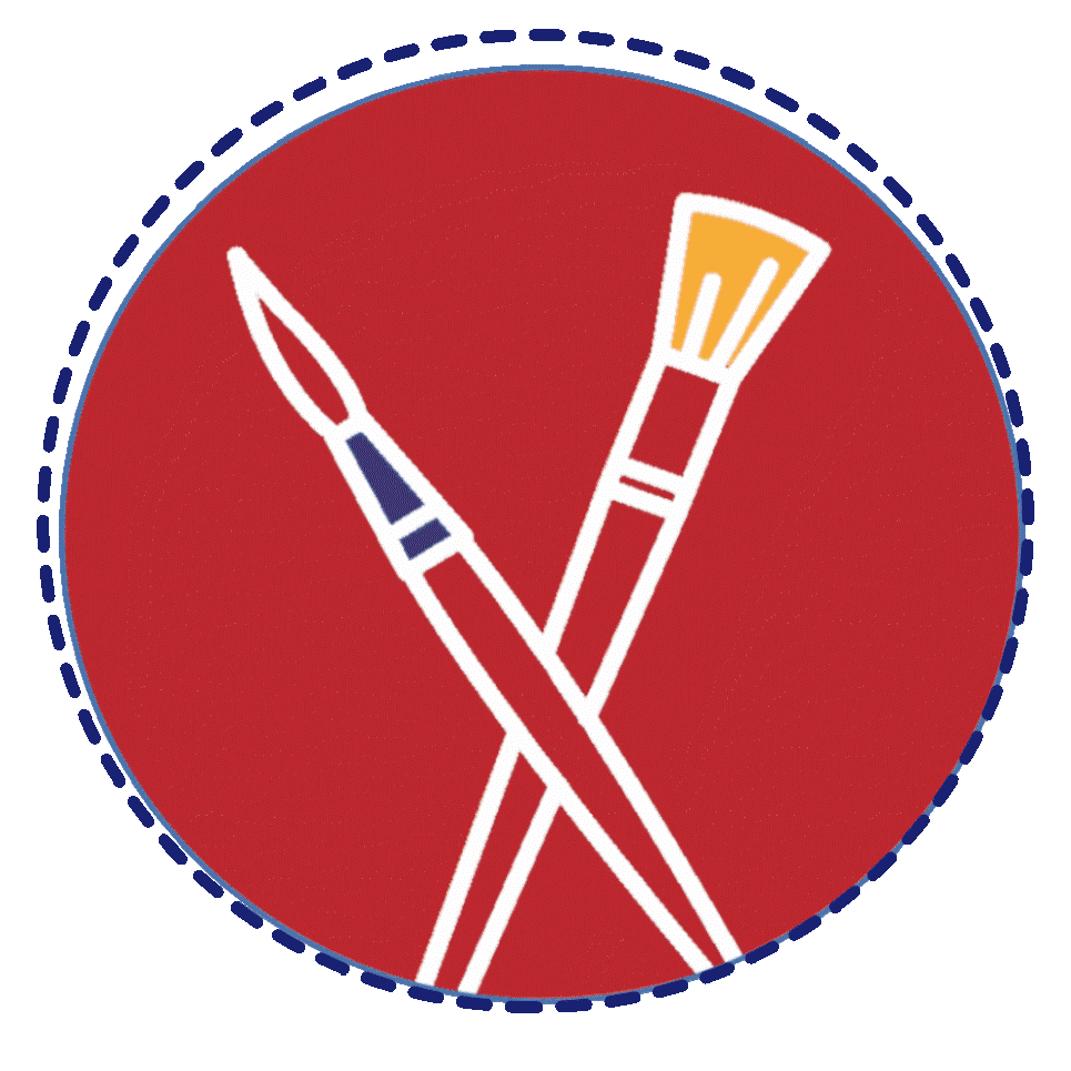 Button Kunsttherapie: zwei gekreuzte Pinsel in einem roten Kreis