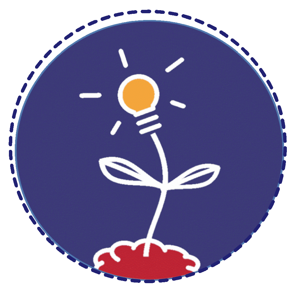 Button Fortbildung: aus einem Häufchen Erde wächst eine Pflanze, die Blüte ist eine leuchtende Glühbirne